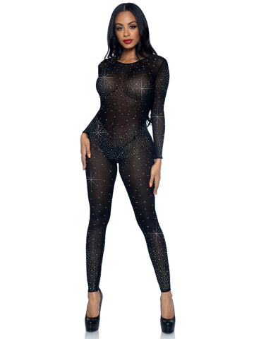 Catsuit negro transparente con diamantes de imitación